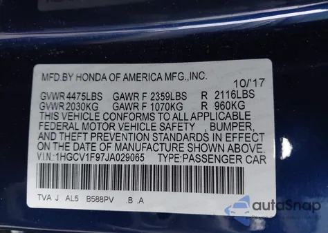 2018 Honda Accord Touring z USA, uszkodzony, nr VIN 1HGCV1F97JA029065